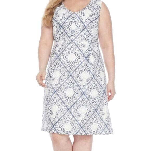 Sandra Darren Plus Size 18 Lace Sleeveless Fit & Flare Dress White Blue Cotton - Picture 1 of 8